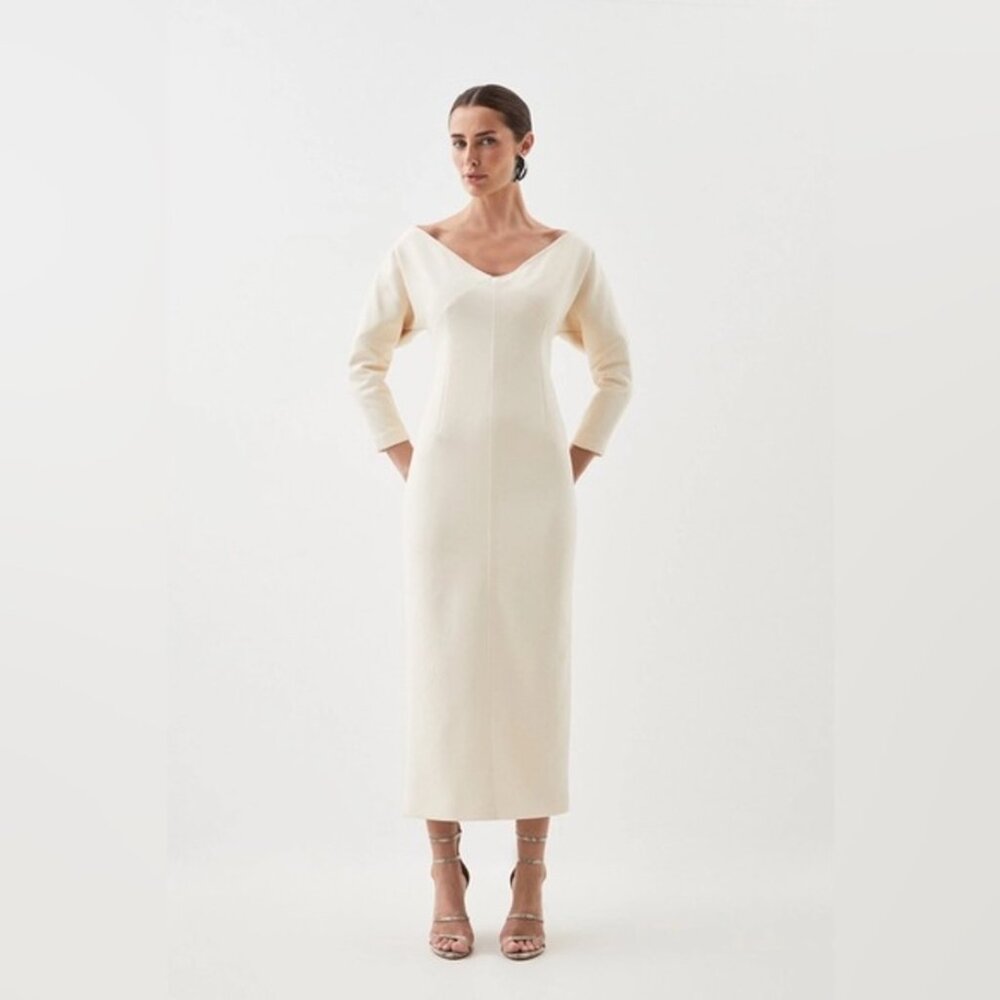 NWT Karen Millen Compact Stretch Off Shoulder Rounded Sleeve Midi Dress